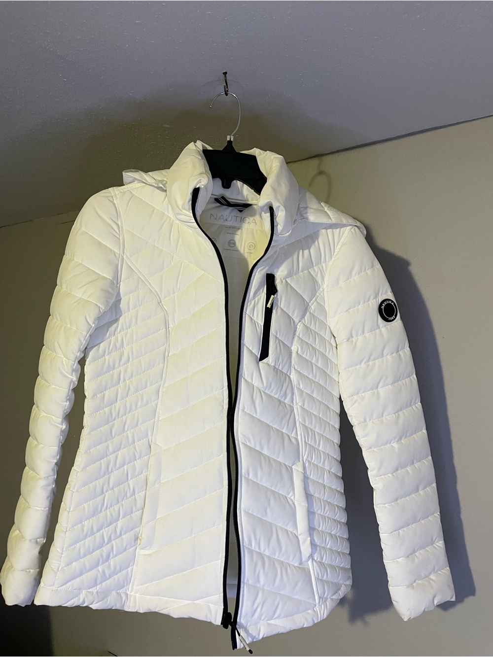 Nautica White Quilted Hooded Puffer with Black Trim